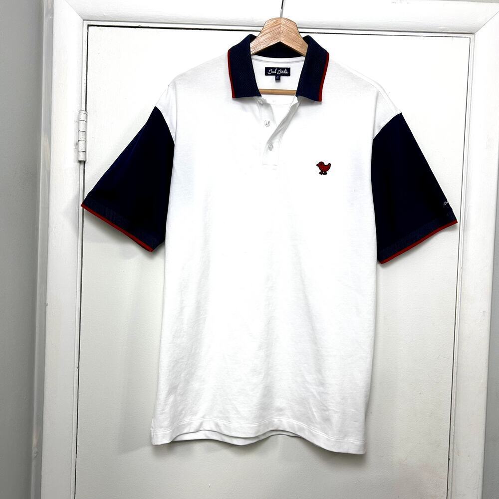 Bad Birdie Golf Polo White Navy Blue Red Pique Cotton Shirt Short Sleeve Medium - Picture 2 of 9